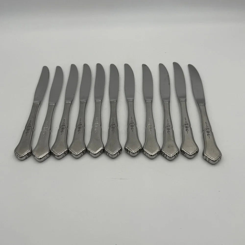 Vintage Stainless Steel Floral Dinner Knives Set of 11 Silverware Flatware 9in